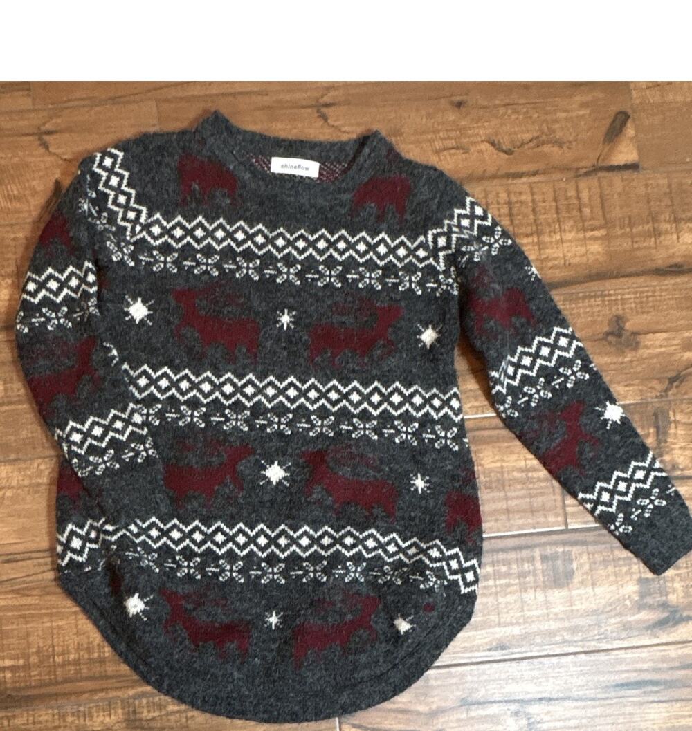 Shineflow Fair Isle Reindeer Crew Neck Knit Pullover Sweater Women's M Gray